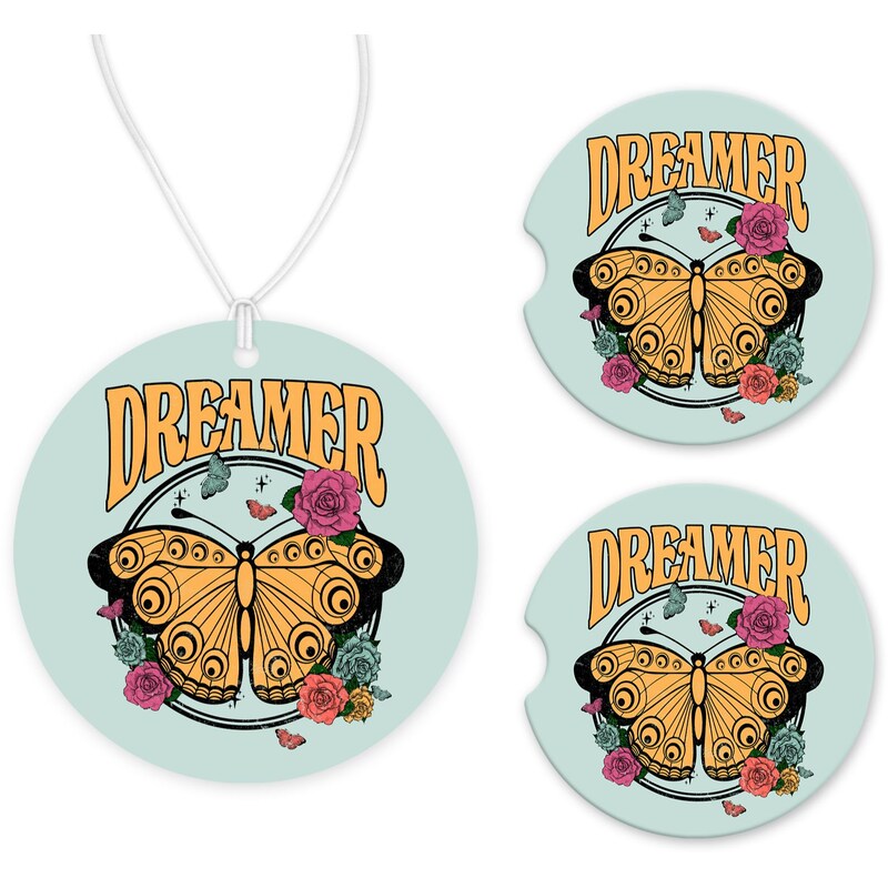 Dreamer Car Charm and set of 2 Sandstone Car Coasters - Vehicle Accessories  - Gift Set